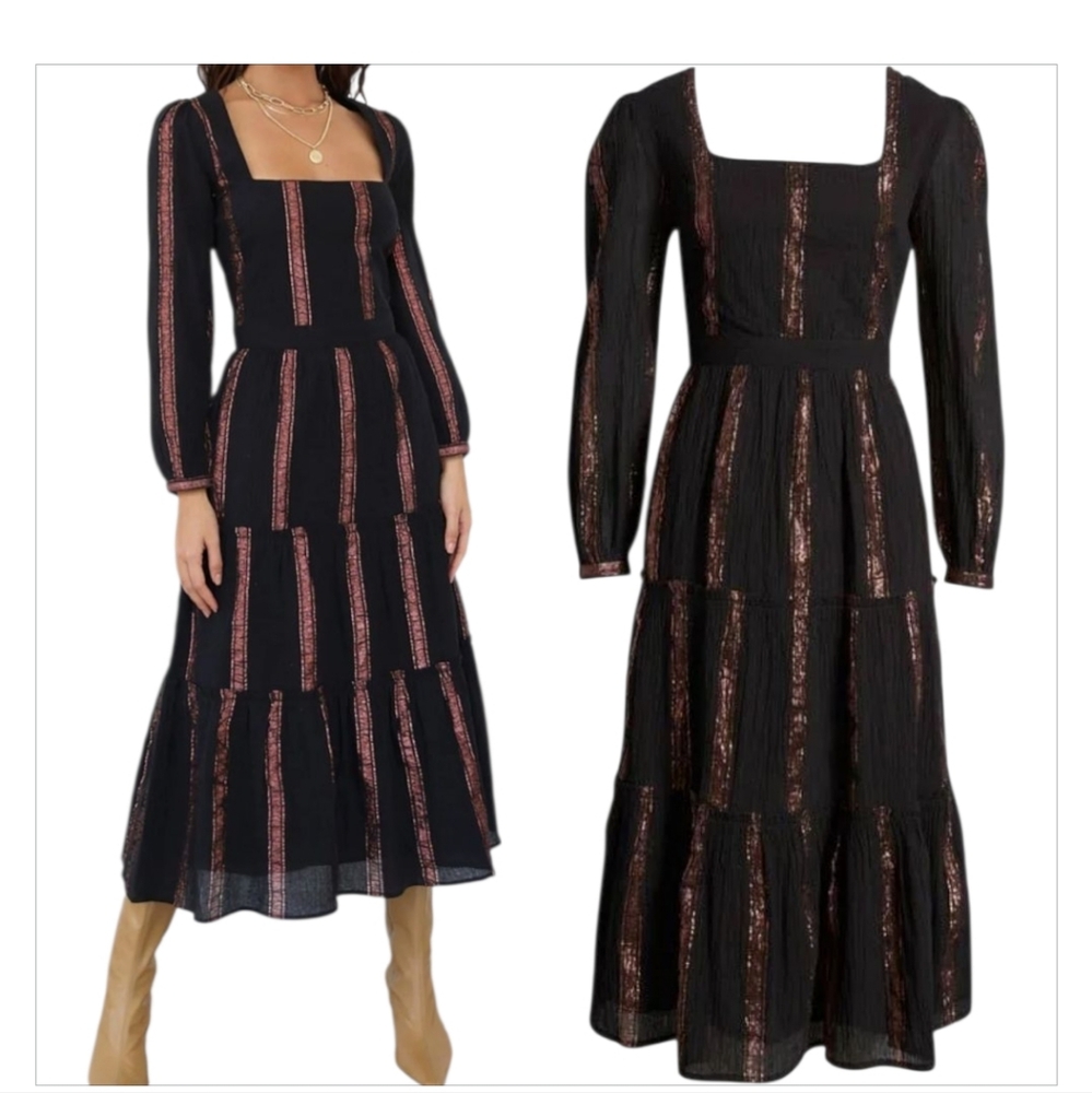 Adelyn Rae Rihana Black Cotton Gauze Tiered Midi Dress XS